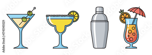 Colorful cocktail set featuring a martini with olives, a margarita with a lime slice, a cocktail shaker, and a tropical drink with an umbrella.