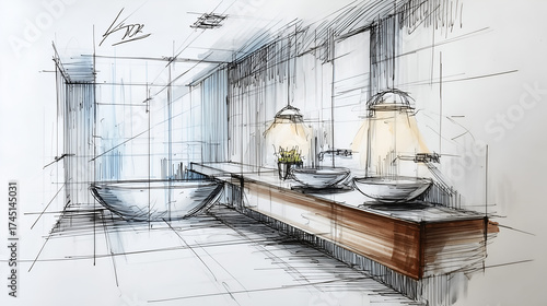 Hand-drawn pencil sketches of modern interiors with detailed furniture and decor. Minimalist, contemporary style illustrations perfect for architecture, design, and concept visuals.
