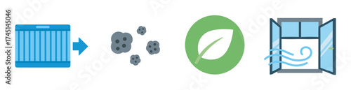 Colorful icons depicting an air filter, harmful particles, a green leaf, and open windows illustrating air purification and ventilation.