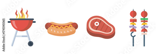 Colorful flat design illustration of a red barbecue grill, a hot dog with mustard, a steak, and skewers with vegetables and meat.