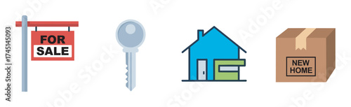 Collection of real estate icons including a "for sale" sign, a silver key, a blue house with a green door, and a brown box labeled "new home.
