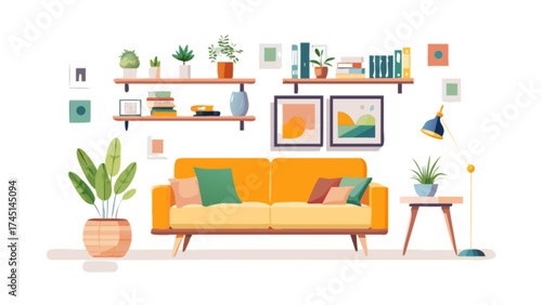 Living room decor ideas modern interior design with sofa plants and wall art illustration vector