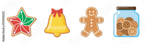 Colorful christmas cookies including a star-shaped cookie, a bell with a red bow, a gingerbread man, and a jar filled with round cookies.