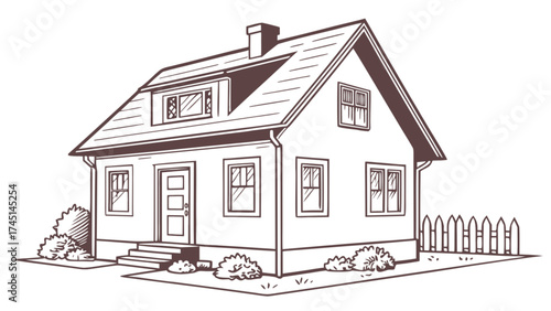 Drawing of a house with fence and bushes illustration of home architecture and real estate design