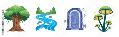 A set of four whimsical illustrations depicting a tree, a flowing river with rocks, a mystical portal, and a group of vibrant mushrooms.