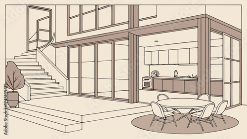 Modern home design illustration with kitchen dining area and outdoor staircase vector drawing art