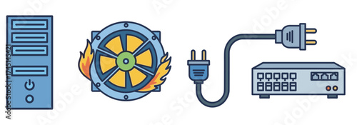 Illustrated icons of a computer tower, fiery fan, power cord, and network switch representing technology and electronic components.