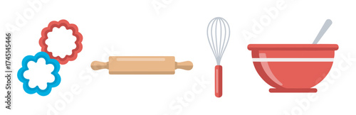 Illustration of colorful flower-shaped cookie cutters, a wooden rolling pin, a red-handled whisk, and a red mixing bowl with a spoon.