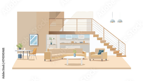 Modern open floor plan living room interior design with staircase and loft illustration art