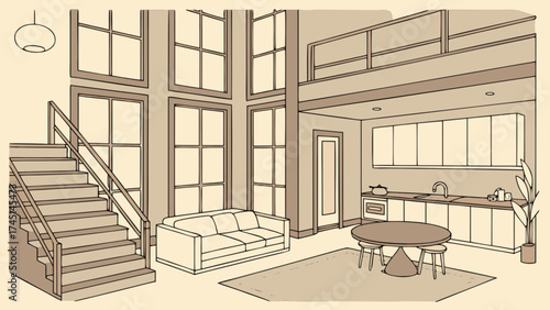 Modern home interior design living room kitchen staircase and large windows vector illustration