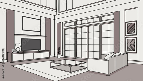 Modern living room interior design with tv, sofa, and large windows for architectural visualization