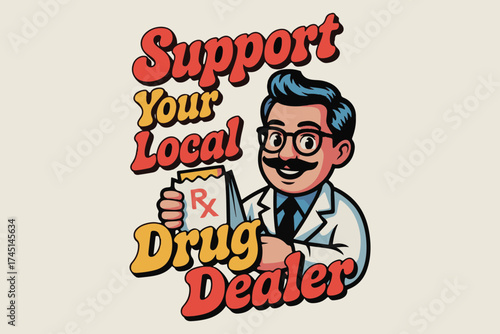 Retro pharmacist encouraging support for local drug stores with vintage charm