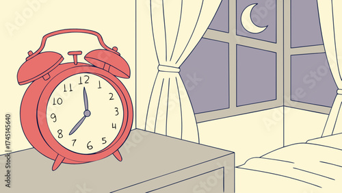 Alarm clock illustration in bedroom at night for sleep wake time and morning routine concept art