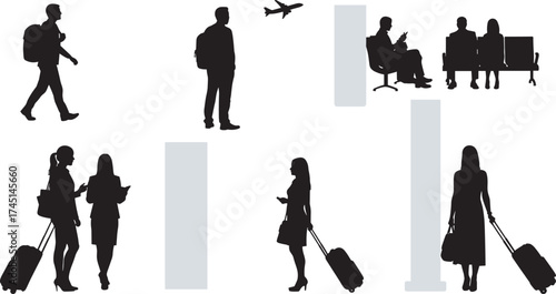 Airport silhouette illustration, travelers with luggage, airplane flying, walking passengers, mobile use, waiting area, black figures, transit scene, modern, minimal, bold, travel