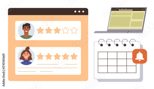 User profile reviews with star ratings, a calendar for event planning, notification bell, and an open laptop. Ideal for user feedback, online booking, reminders, scheduling, productivity tools