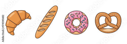 Four different types of baked goods including a croissant, baguette, donut with pink icing and sprinkles, and a salted pretzel, depicted in a simple illustrative style.