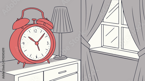 Illustration of bedroom interior with alarm clock lamp window and curtains in gray and red tones