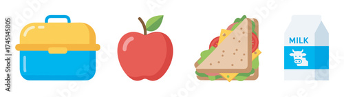Colorful flat design illustration of a lunch set including a blue and yellow lunchbox, a red apple, a sandwich with cheese and vegetables, and a carton of milk.