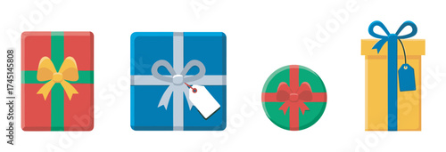 Colorful assortment of gift boxes with bows and tags, featuring square, round, and rectangular shapes in red, blue, green, and yellow.