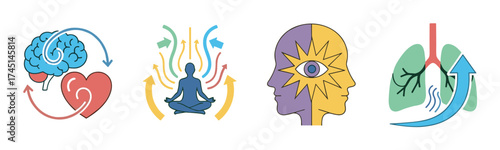 Four colorful icons representing concepts of mental health, meditation, emotional intelligence, and respiratory health with symbols including a brain, heart, and lungs.
