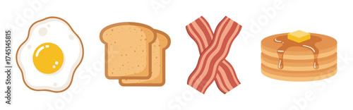 Illustration of a classic breakfast with a fried egg, two slices of toast, bacon strips, and pancakes topped with butter and syrup.