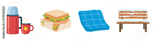 Red thermos and cup, stacked sandwiches, blue plaid blanket, and snow-covered wooden bench illustration.