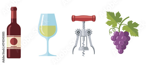 Illustrative set of a wine bottle, a glass with white wine, a corkscrew, and a bunch of purple grapes on white background.