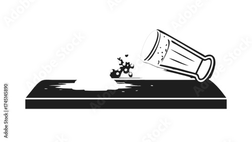 Illustration of spilled drink glass on table surface with liquid puddle and scattered droplets art