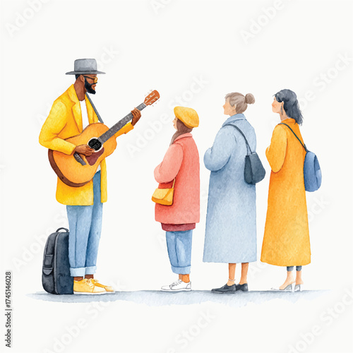 Street musician serenades onlookers with guitar performance on sidewalk.