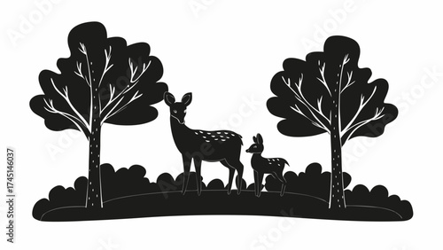 Adorable deer family silhouette among trees, nature scene creates a calming, peaceful atmosphere