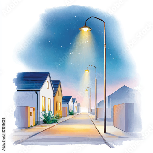 Streetlight illuminating a quiet suburban street at dusk.