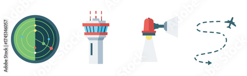 Set of four flat icons depicting a radar screen with signals, an air traffic control tower, a red rotating beacon light, and a dashed line airplane flight path.