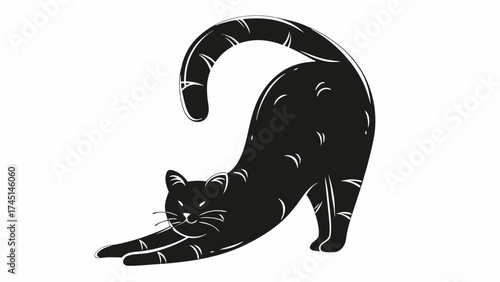 Stretching feline art illustration, simple black cat graphic, playful domestic animal design element