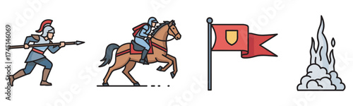 Colorful illustrations depicting medieval themes, including a spear-wielding knight, a cavalry soldier on horseback, a red flag with a shield emblem, and a cloud of smoke.