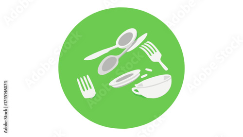 Illustration of dirty dishes cutlery and tableware on green background for kitchen concepts