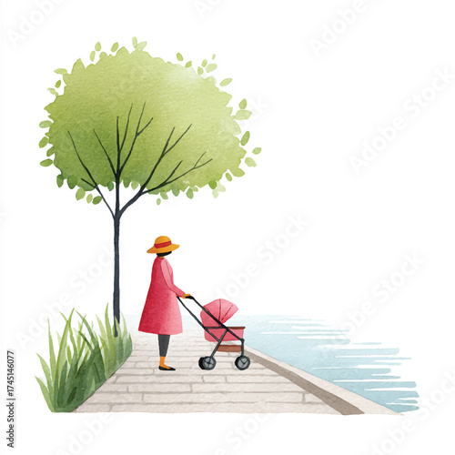 Mother and Child Strolling by the Waters Edge.