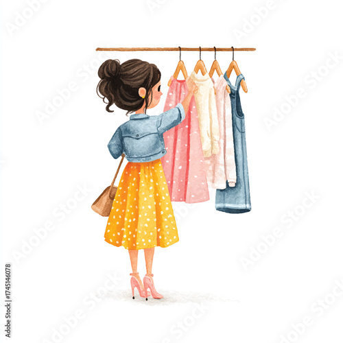Stylish illustrated woman choosing an outfit from a clothing rack.
