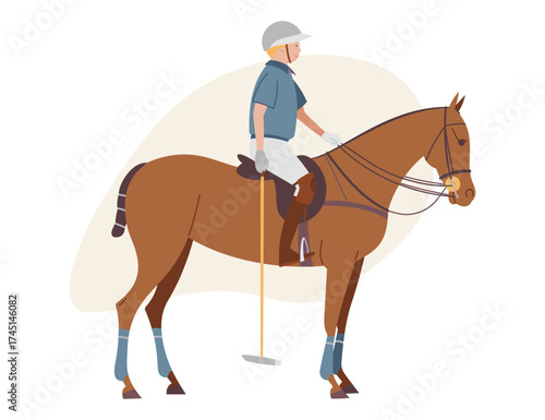 Polo player sitting on a horse holding a mallet and preparing for a match in flat vector style