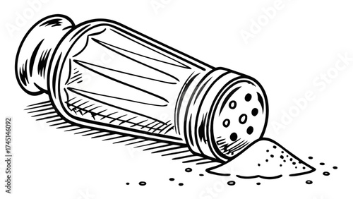 Stock vector illustration of a salt shaker spilled salt drawing black and white line art image