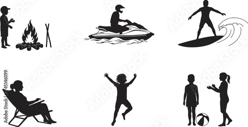 Children silhouette illustration, outdoor activities, camping, jet ski, surfing, beach play, jumping, relaxing, black figures, summer fun, recreation, minimal, bold
