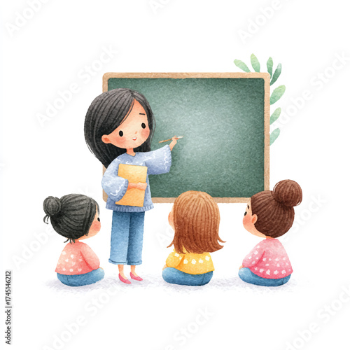 Teacher instructing students in a classroom setting.