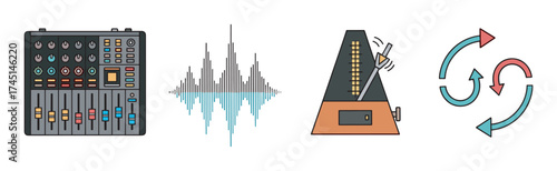 Colorful digital audio mixer with equalizer, sound wave graphic, mechanical metronome, and rotational arrows for music production concepts.