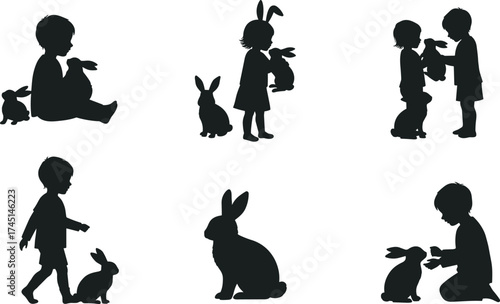 Children with rabbits silhouette, playful interaction, bunny ears, sitting, walking, holding, leash, black figures, animal care, companionship, cute, whimsical, outdoor