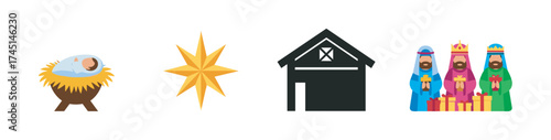 Four-color icons representing a baby in a manger, a golden star, a stable, and three wise men holding gifts.