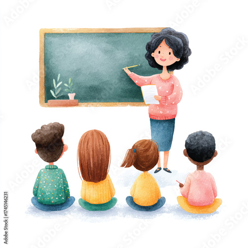 Teacher instructing students in a classroom setting with a blackboard.