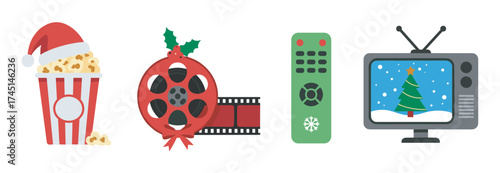 Festive icons featuring a popcorn bucket wearing a santa hat, a film reel with holly, a green remote control, and a tv showing a snowy scene with a christmas tree.