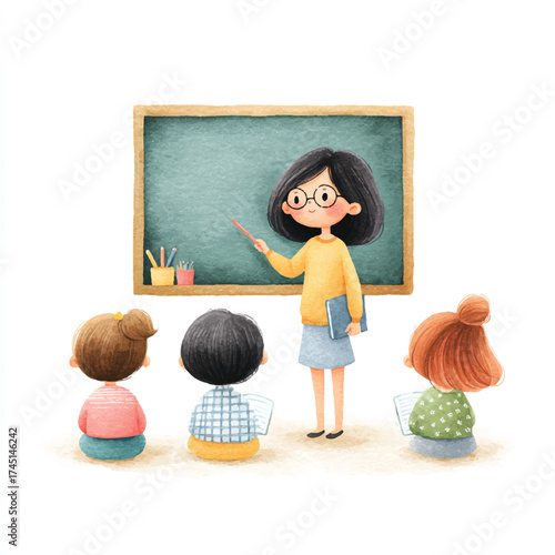Teacher instructing students in a classroom setting with a blackboard.
