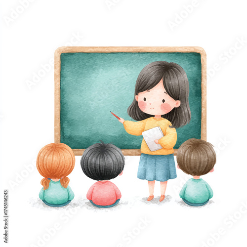 Teacher instructing students in a classroom setting with a blackboard.