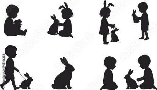 Children with rabbits silhouette, playful interaction, bunny ears, sitting, walking, holding, leash, black figures, animal care, companionship, cute, whimsical, outdoor