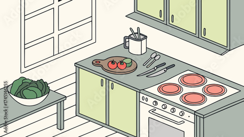 Isometric kitchen illustration with cooking utensils vegetables stove and cabinets for design projects